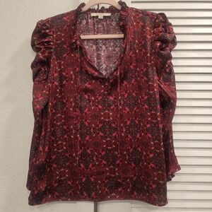 LOFT Floral Cinched Sleeve Ruffle Tie Neck Mixed Media Top